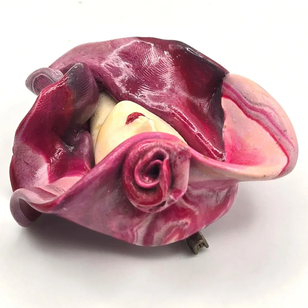 Handmade Lady Face Clay Brooch Pink Purple Marbled Hat Rose Art Deco Style
